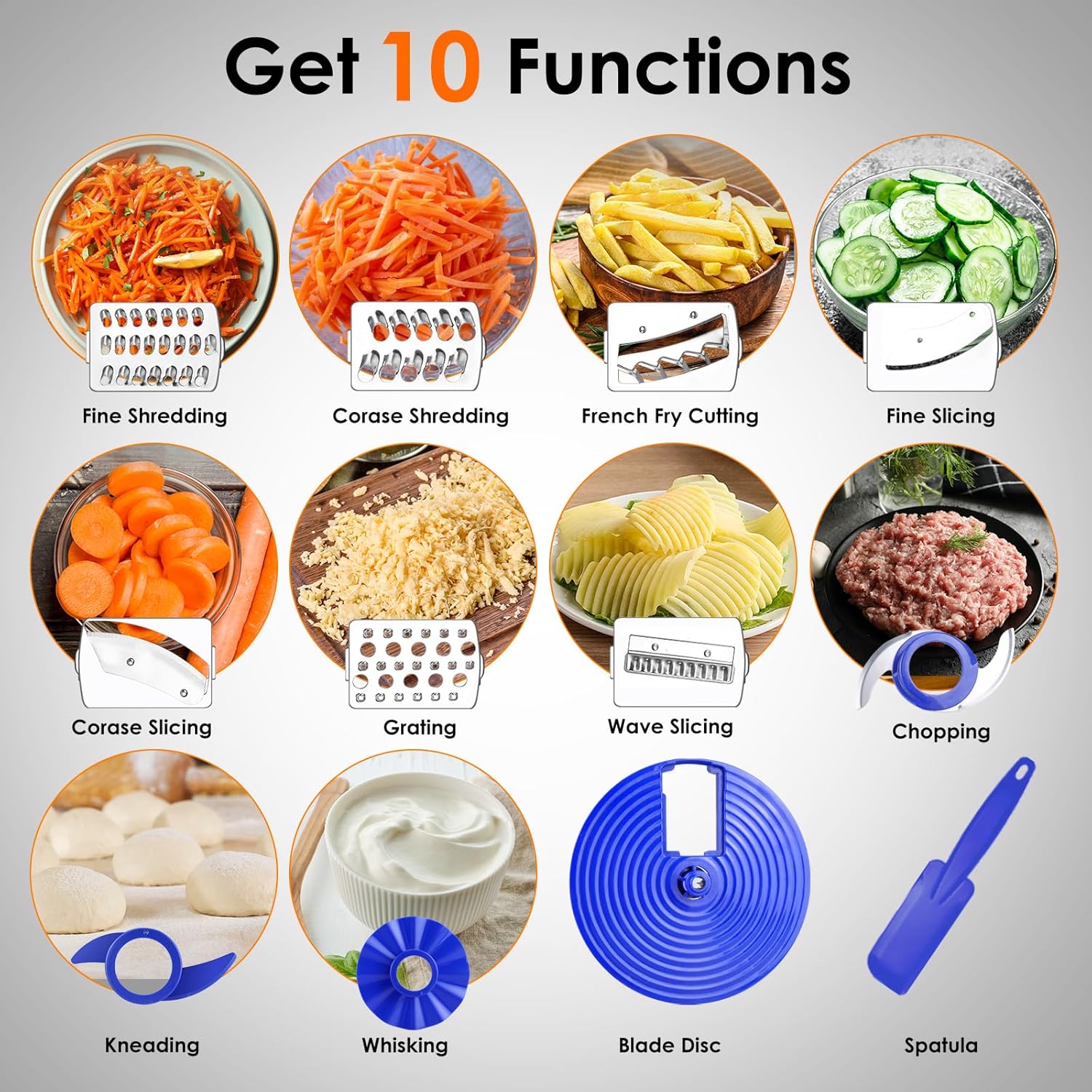 Davivy Food Processor 7 Cup,Built-in Storage Drawer Small Food Processor with 10 set blades,French fry cutting,Wavy slicing for Home Use,3-Speed, Blue,600W - Image 5