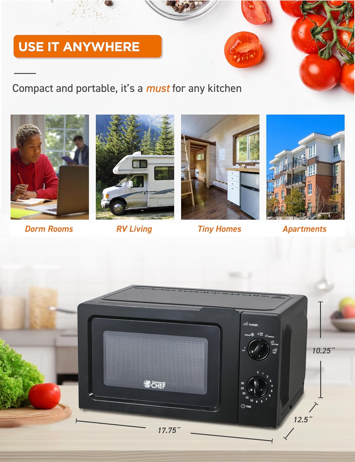 COMMERCIAL CHEF 0.6 Cubic Foot Microwave with 6 Power Levels, Small Microwave with Grip Handle, 700W Countertop Microwave with 30 Minute Timer and Mechanical Dial Controls, Black - Image 8