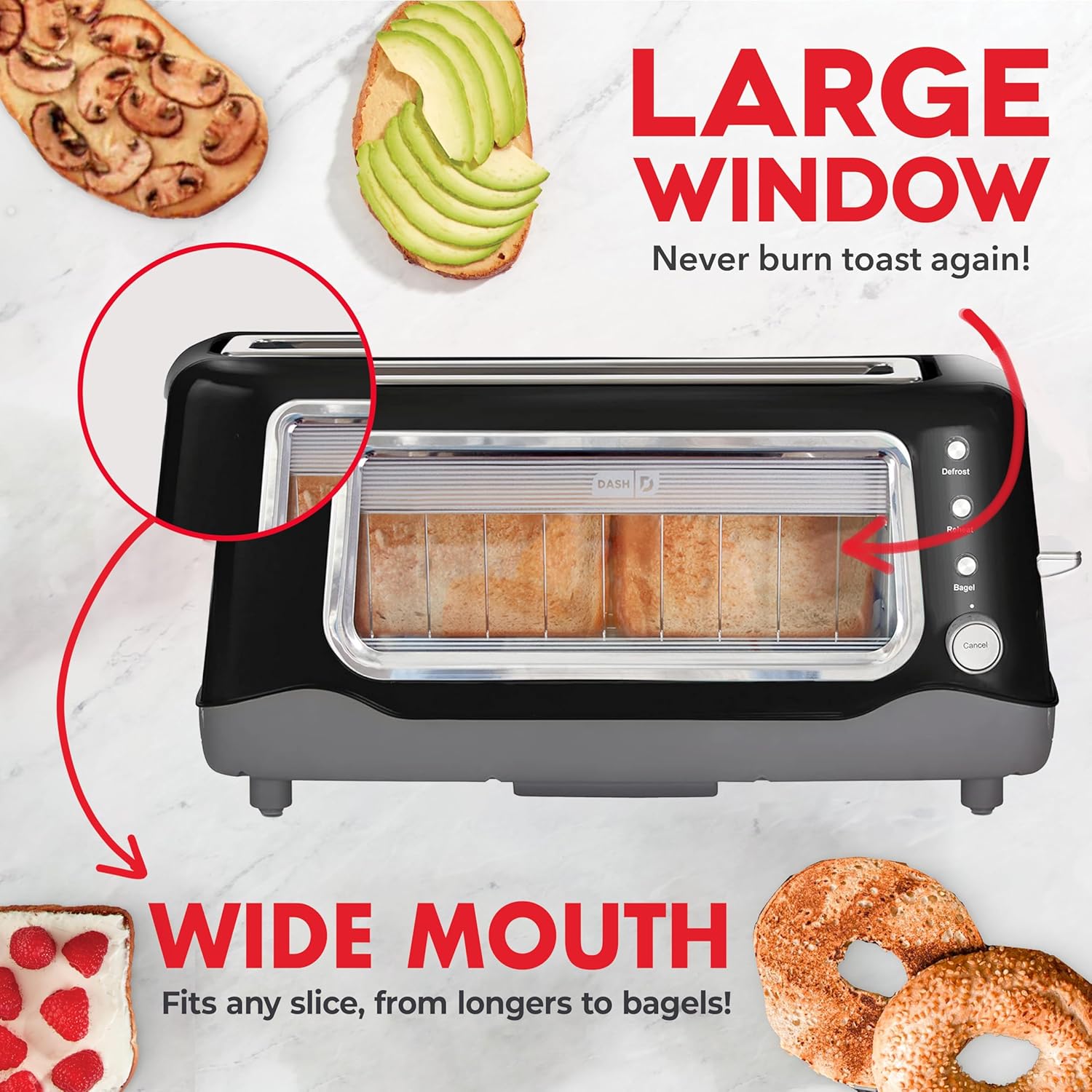 DASH Clear View Toaster - Compact Design with 7 Browning Levels & Clear-View Window, Extra-Wide Slot Large Toaster, 1-Touch Defrost, Reheat & Bagel Functions - Easy Clean Up Crumb Tray (Black) - Image 3