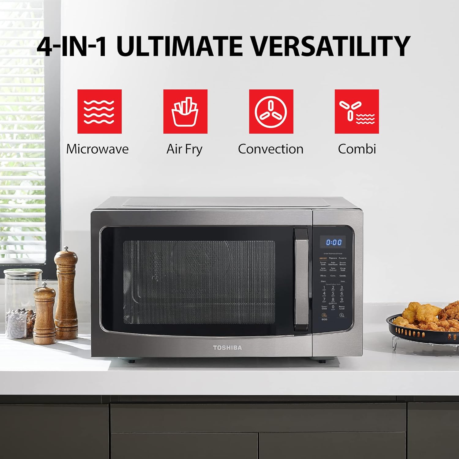 Toshiba Air Fryer Combo 4-in-1 Countertop Microwave Oven, Smart Sensor, Convection, Mute Function, Position Memory 13.6" Turntable, 1.5 Cu Ft, 1000W, Black, ML-EC42P(BS) - Image 3
