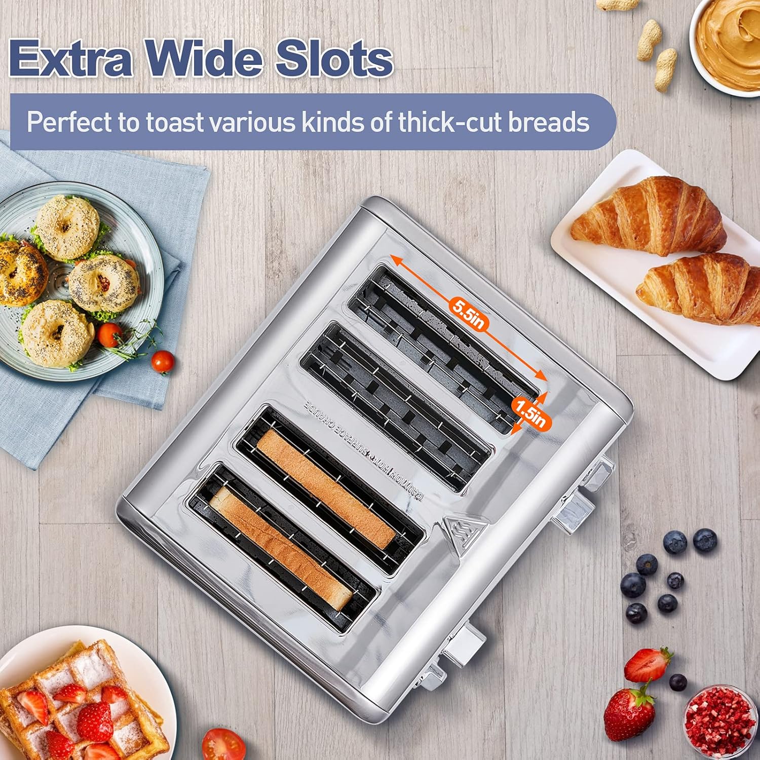 CUSIMAX 4 Slice Toaster, Ultra-Clear LED Display & Extra Wide Slots, Dual Control Panels of 6 Shade Settings, Cancel/Bagel/Defrost Function, Removable Crumb Trays, Stainless Steel Toaster - Image 4