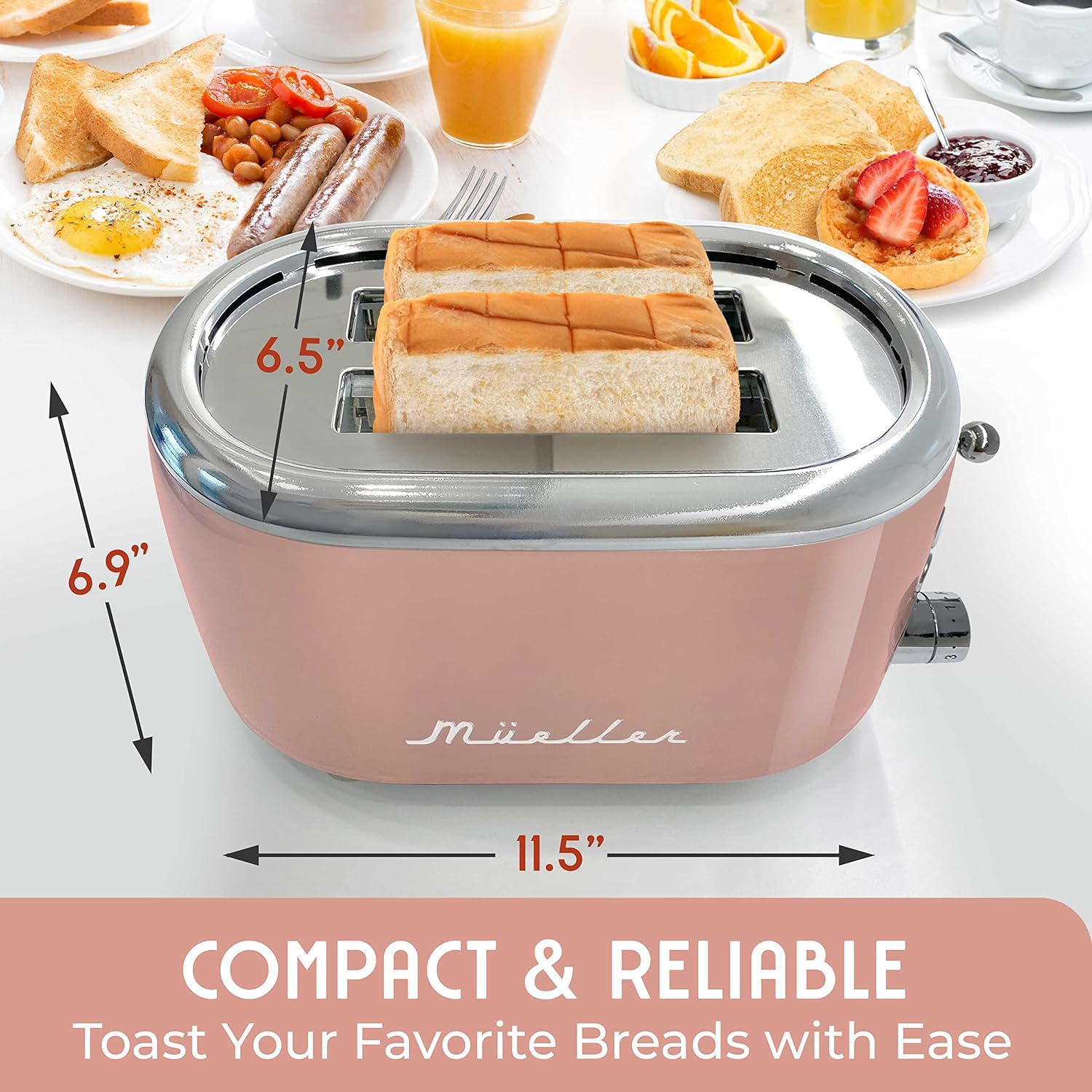 Mueller Retro Toaster 2 Slice with 7 Browning Levels and 3 Functions: Reheat, Defrost & Cancel, Stainless Steel Features, Removable Crumb Tray, Under Base Cord Storage, Pink - Image 4