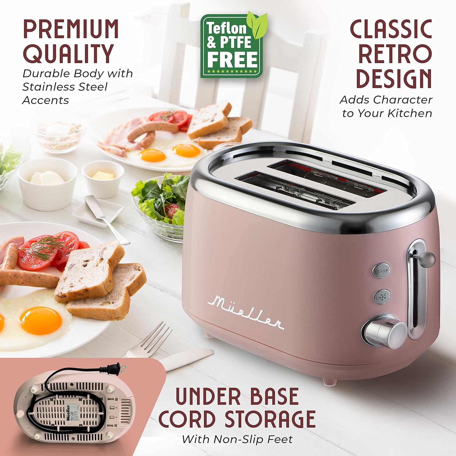 Mueller Retro Toaster 2 Slice with 7 Browning Levels and 3 Functions: Reheat, Defrost & Cancel, Stainless Steel Features, Removable Crumb Tray, Under Base Cord Storage, Pink - Image 6