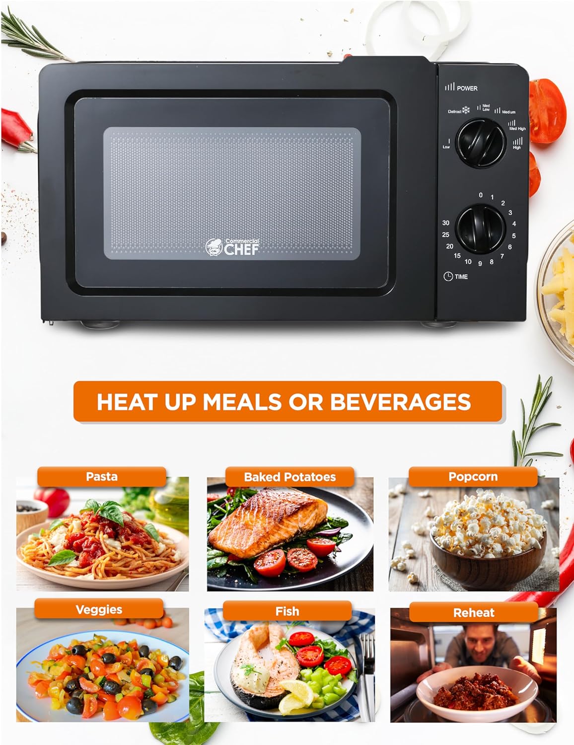 COMMERCIAL CHEF 0.6 Cubic Foot Microwave with 6 Power Levels, Small Microwave with Grip Handle, 700W Countertop Microwave with 30 Minute Timer and Mechanical Dial Controls, Black - Image 3