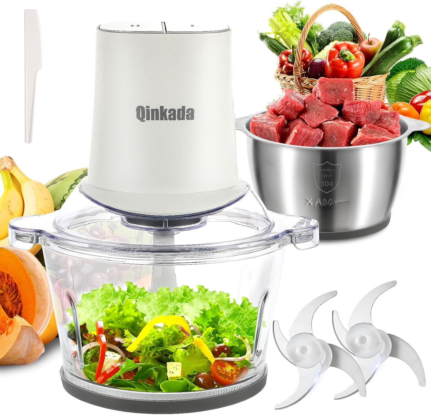 Food Processors with 2 Bowls, 400W Meat Grinder, Food Chopper Electric, 2 Speed, 8Cup Glass and 8Cup 304 Stainless Steel, 2 Blades, Spatula (White) - Image 2