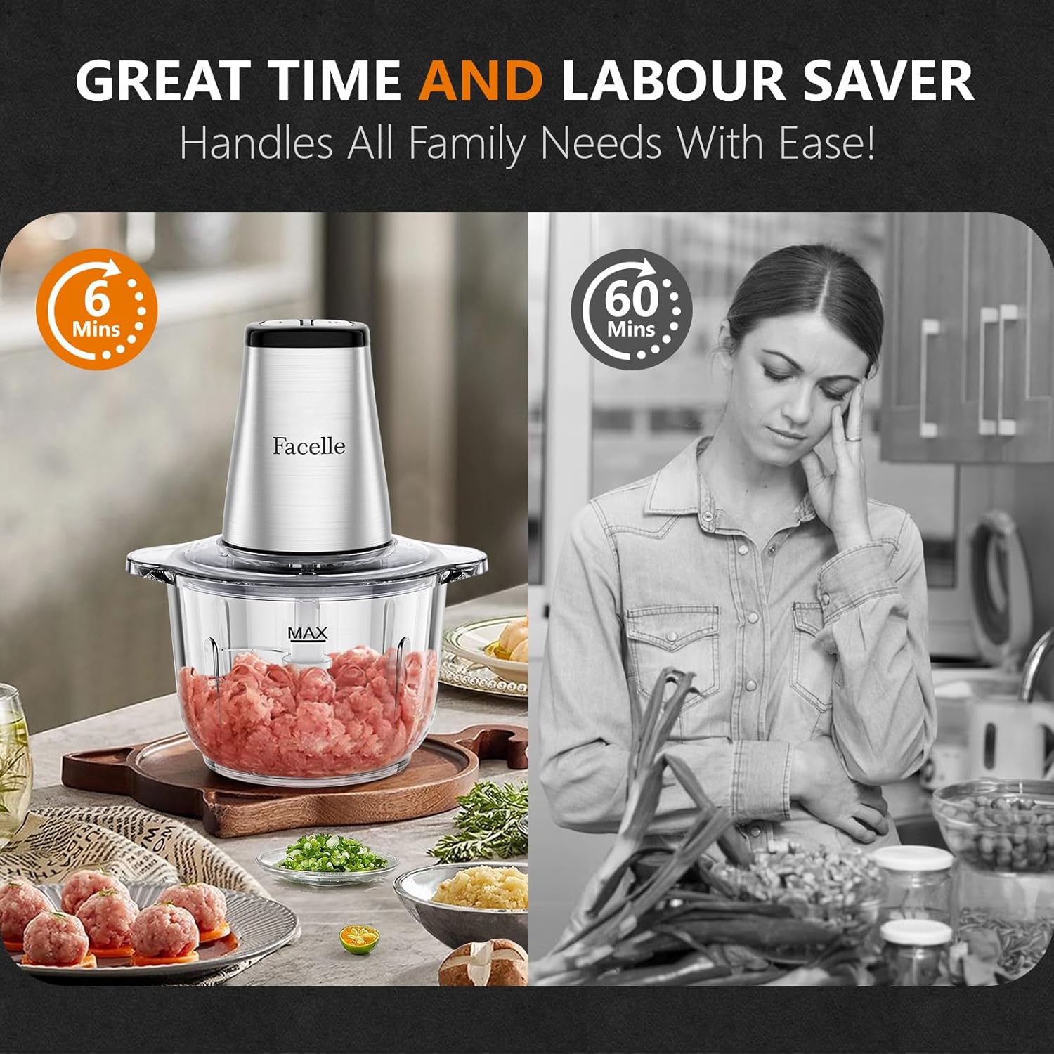 Food Processor, Facelle Meat Grinder 8-Cup Food Chopper Electric Vegetable Chopper 500W With 2L Glass Bowl & 4 Sharp Blades Meat/Vegetable/Fruit/Nut/Baby Food - Image 7