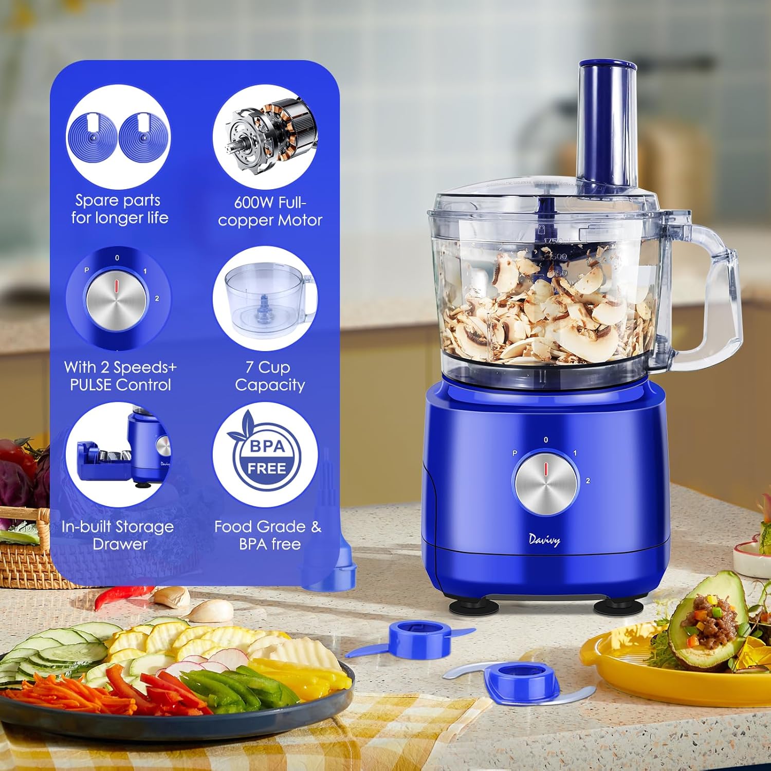 Davivy Food Processor 7 Cup,Built-in Storage Drawer Small Food Processor with 10 set blades,French fry cutting,Wavy slicing for Home Use,3-Speed, Blue,600W - Image 3