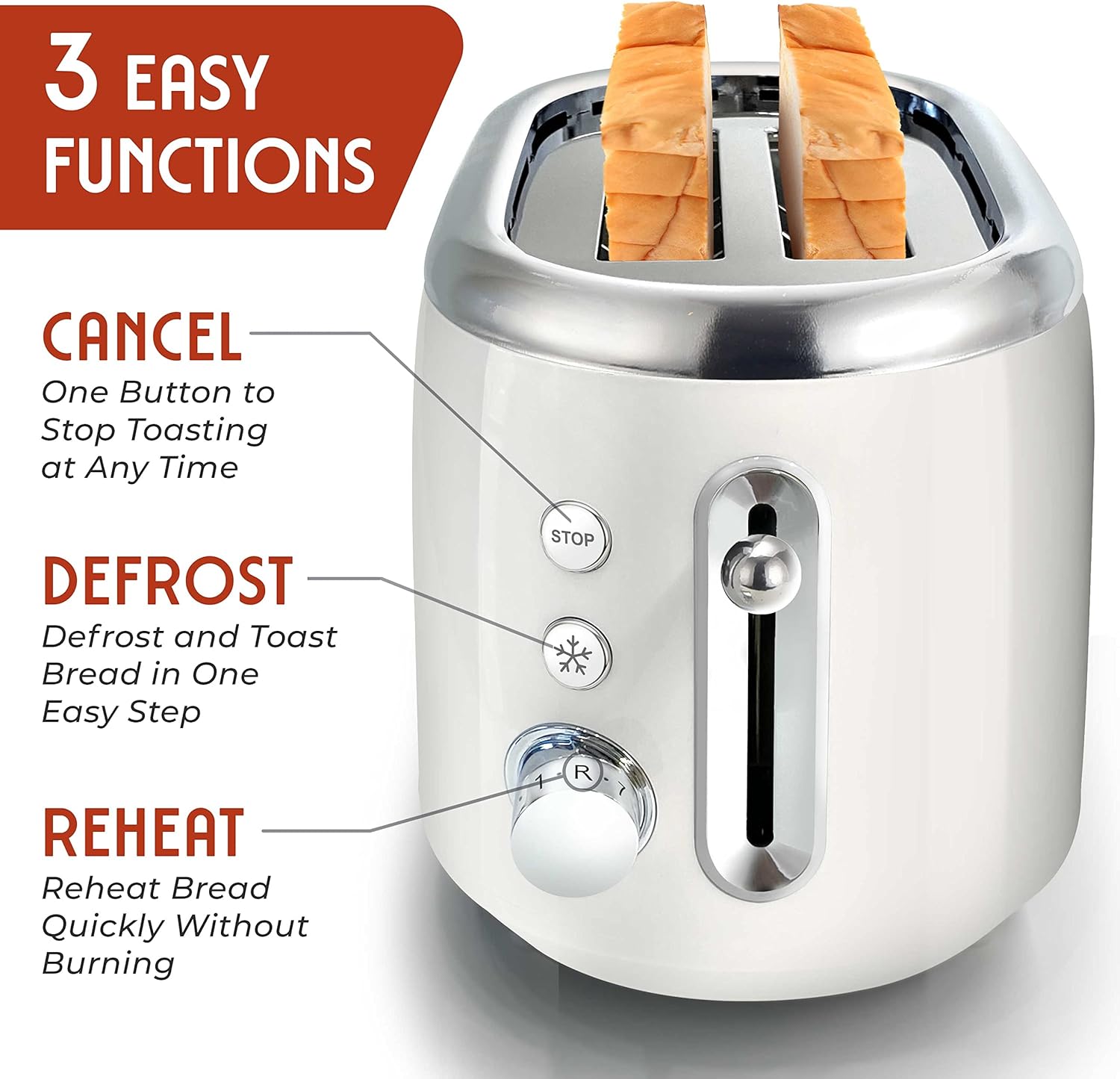 Mueller Retro Toaster 2 Slice with 7 Browning Levels and 3 Functions: Reheat, Defrost & Cancel, Stainless Steel Features, Removable Crumb Tray, Under Base Cord Storage, White - Image 3
