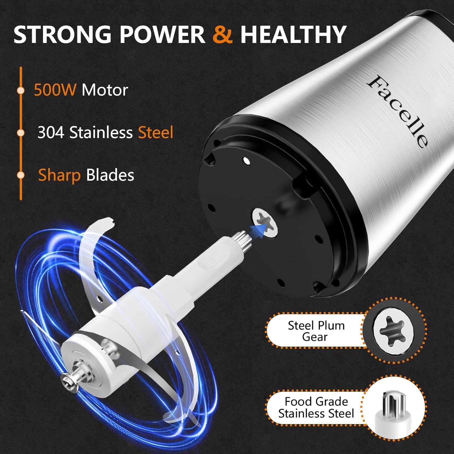 Food Processor, Facelle Meat Grinder 8-Cup Food Chopper Electric Vegetable Chopper 500W With 2L Glass Bowl & 4 Sharp Blades Meat/Vegetable/Fruit/Nut/Baby Food - Image 4