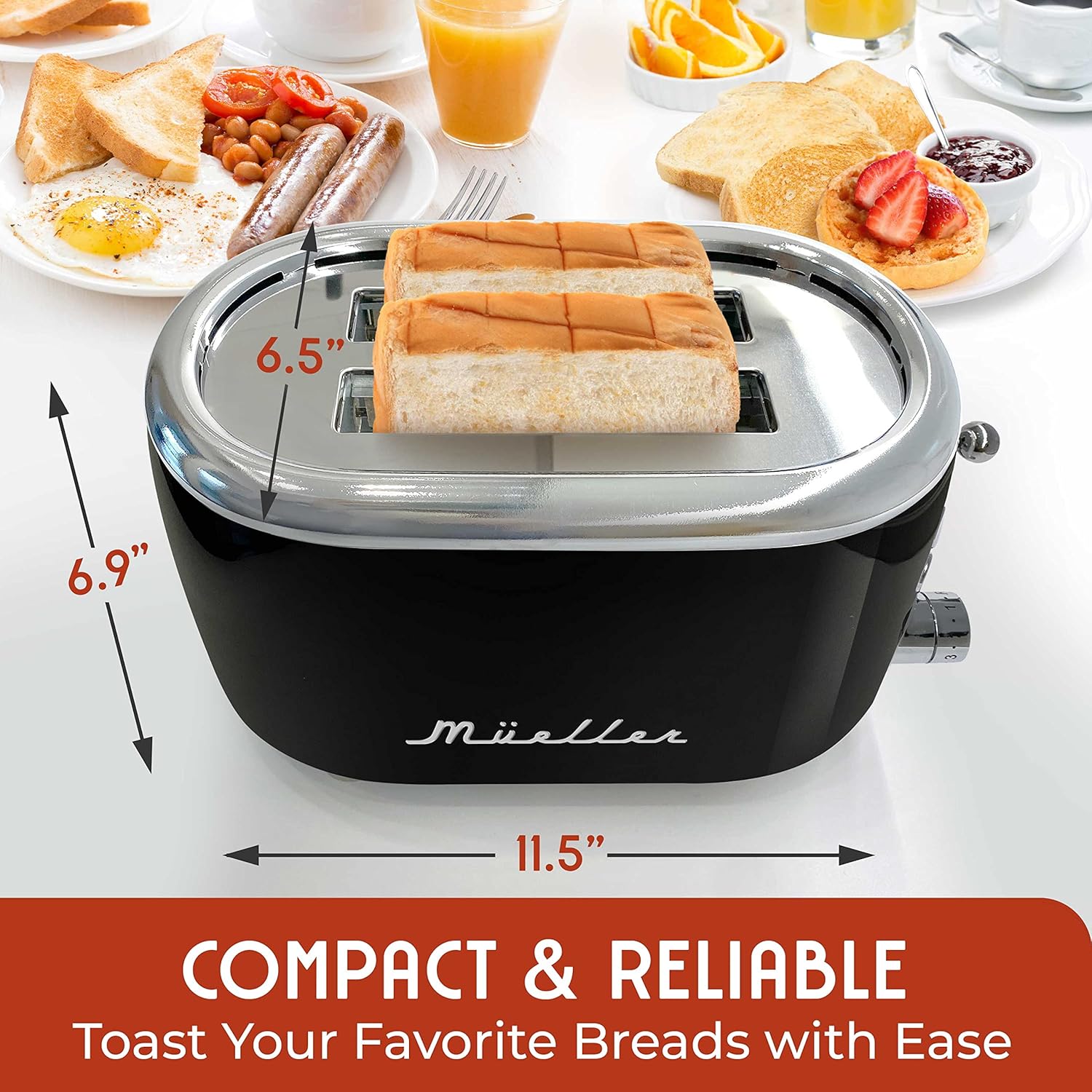 MÜELLERHOME Retro Toaster 2 Slice, 7 Browning Levels, 3 Functions (Reheat, Defrost, Cancel), Stainless Steel Features, Removable Crumb Tray, Under Base Cord Storage, Black - Image 4