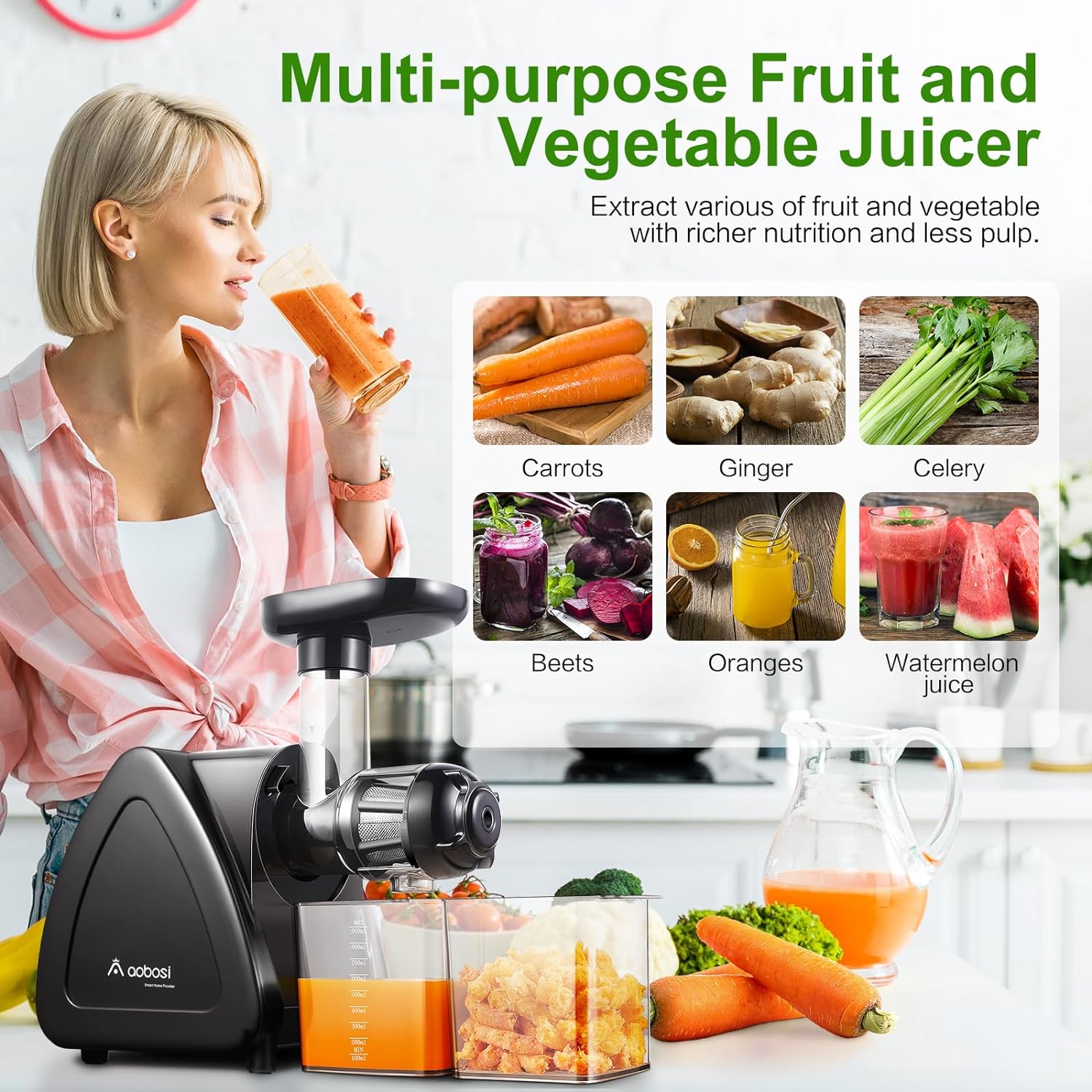 Juicer Machine, Aobosi Slow Masticating Juicer, Cold Press Juicer Machines with Reverse Function, Quiet Motor, High Juice Yield with Juice Jug & Brush for Cleaning (Matte Black) - Image 3
