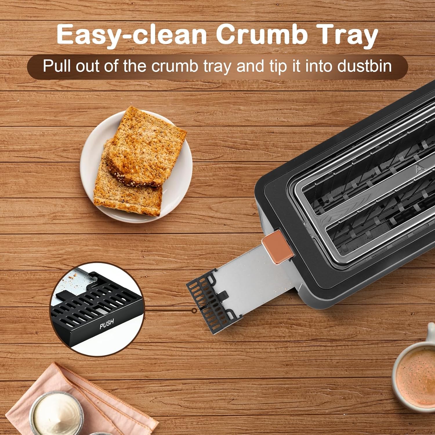 Mecity 4 Slice Toaster, Long Slot Toaster With Warming Rack, Bagel/Defrost/Reheat Functions,Warming Rack, Crumb Tray, 6 Browning Settings, Extra Wide Long Slots, Stainless Steel, 1300W,Grey - Image 8