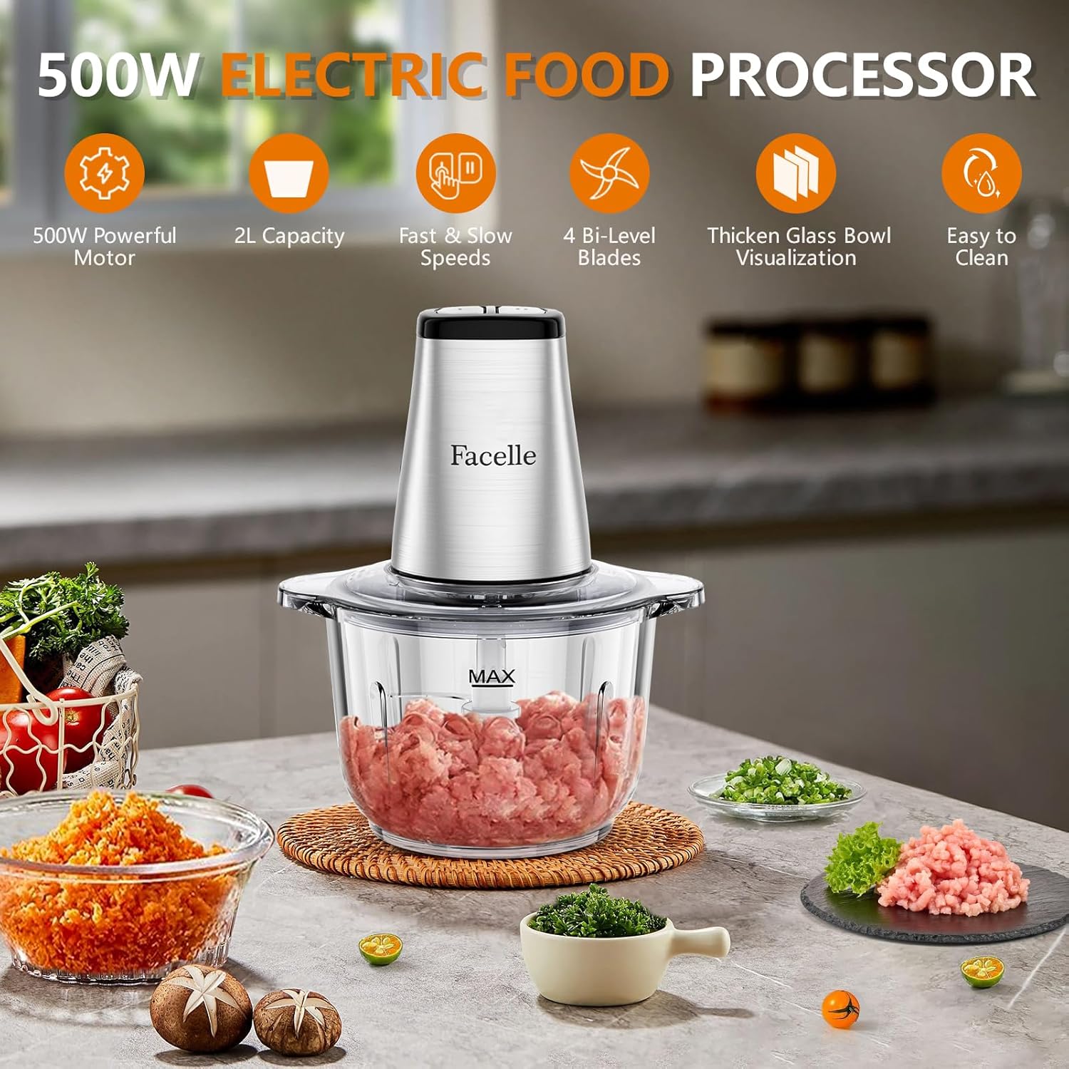 Food Processor, Facelle Meat Grinder 8-Cup Food Chopper Electric Vegetable Chopper 500W With 2L Glass Bowl & 4 Sharp Blades Meat/Vegetable/Fruit/Nut/Baby Food - Image 3