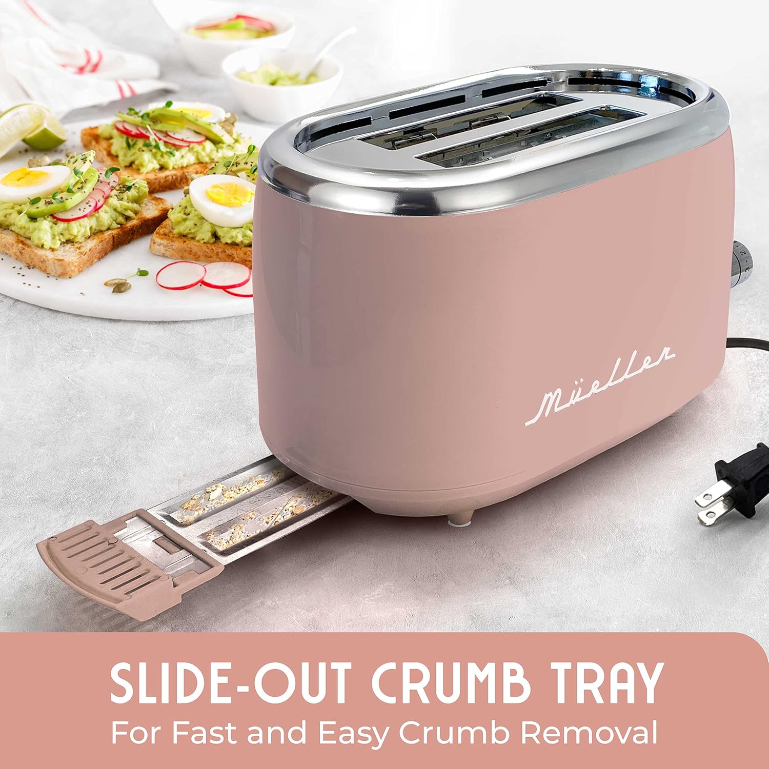 Mueller Retro Toaster 2 Slice with 7 Browning Levels and 3 Functions: Reheat, Defrost & Cancel, Stainless Steel Features, Removable Crumb Tray, Under Base Cord Storage, Pink - Image 7